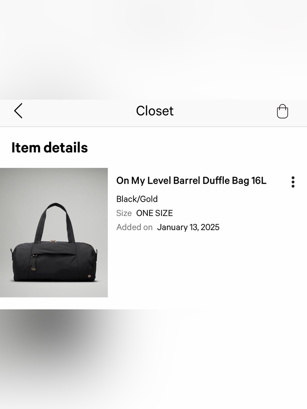 lululemon athletica Black Duffle Bag with Gold Accents